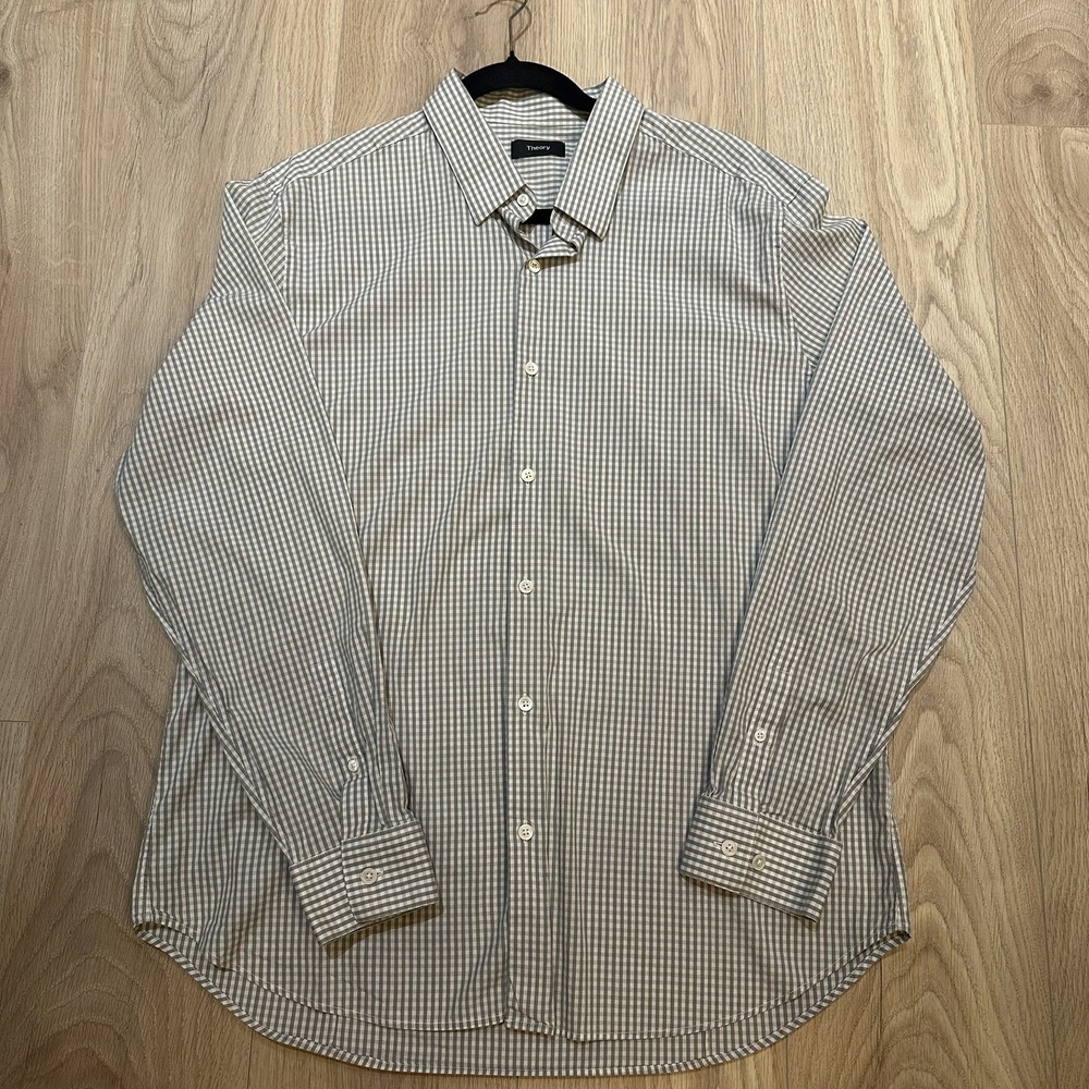 Theory Shirt Mens Large GrayPlaid Button Up Long Sleeve Lightweight XXL Designer